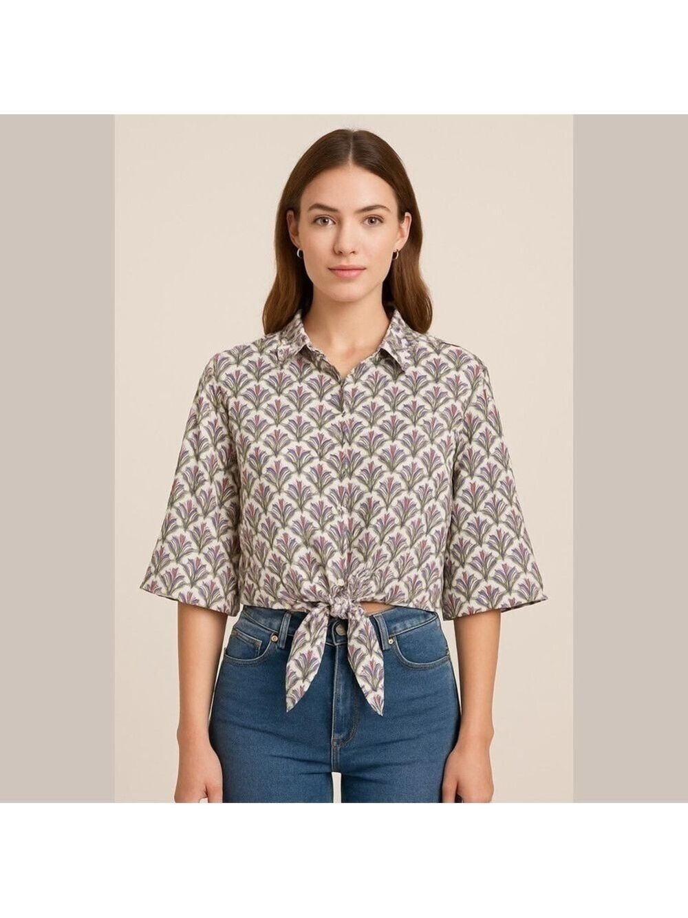 Zara Pineapple Jade Green Purple Satin Pajama Style Cropped Top front tie shirt